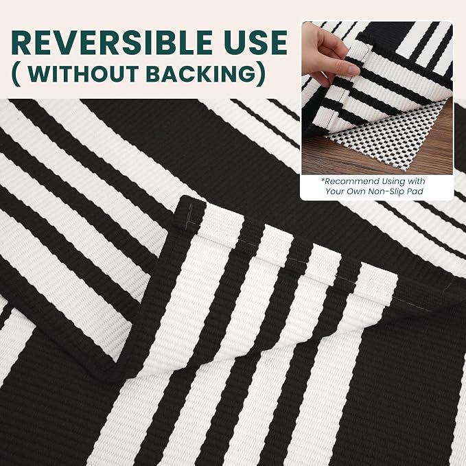 KOZYFLY Striped Rug 2x3 ft Black White Stripes Doormat Cotton Woven Washable Indoor Outdoor Rug Front Door Mat for Entryway Porch Kitchen Patio Decor Small Area Rugs