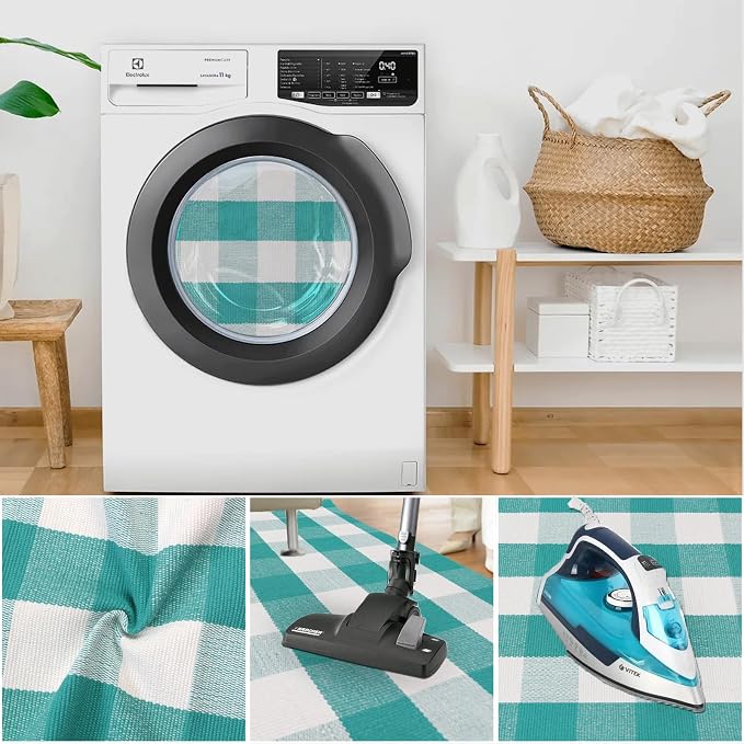 Spring Rugs Green and White Plaid, 3'x5' Area Rug Outdoor Indoor Easter Front Porch Doormat Cotton Hand-Woven Layered Door Mats for Entryway Patio Entryway Laundry Bedroom Living Room