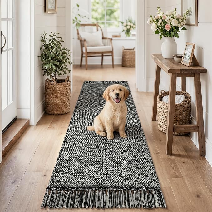 Collive 2' x 6' Kitchen Runner Rug, Modern Farmhouse Washable Bathroom Mat, Boho Hand-Woven Hallway Runner Rugs Black Reversible Bedroom Carpet for Laundry Entryway Home Decor