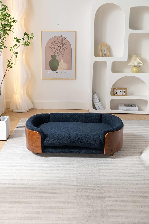 Scandinavian Style Elevated Dog Bed Pet Sofa with Solid Wood Legs and Bent Wood Back, Velvet Cushion, Large Size, Walnut Frame & Dark Blue Cushion
