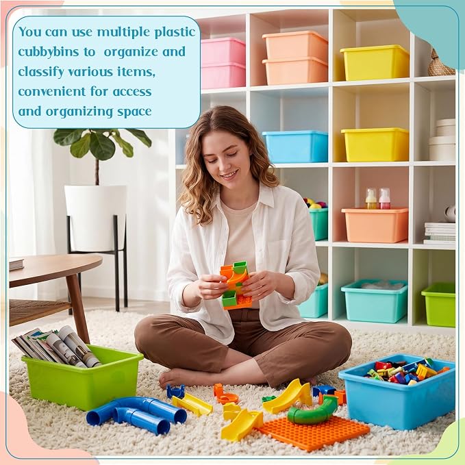 Thyle 12 Pieces Plastic Cubby Bins with Labels Classroom Book Bins Stackable Storage Container Durable Toy Storage Organizer Baskets for School Classroom Office (Classic,Light Color)
