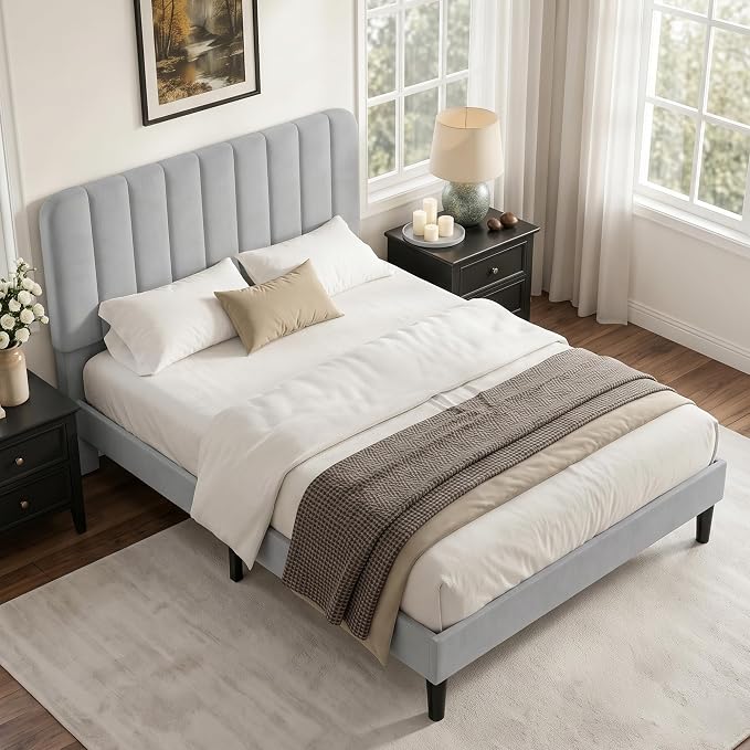 VECELO Full Size Bed Frame with Upholstered Headboard, Velvet Platform Bedframe Mattress Foundation, Strong Wood Slat Support, No Box Spring Needed,Light Grey