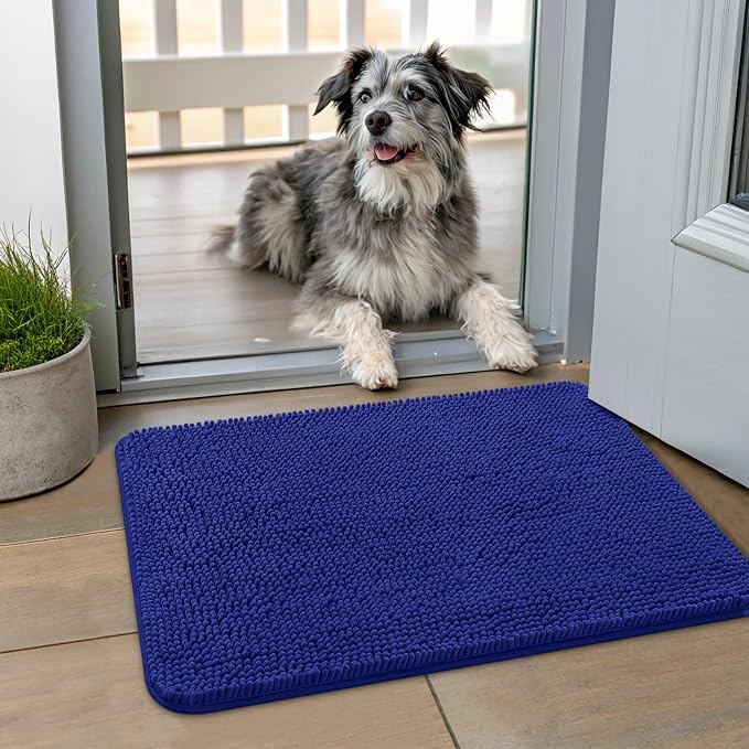 Smiry Dog Door Mat for Muddy Paws 24x16, Absorbent Dirt Trapper, Non-Slip Washable Chenille Entryway Rug for Inside Floor, Navy Blue, Classic Solid