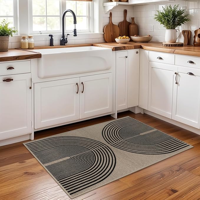 Rugalia Easy Jute Rainbow Entryway Rug, 2x3 Washable Non-Slip Indoor Outdoor Doormat, Black Nature Boho Farmhouse Small Kitchen Rug Modern Abstract Throw Rugs for Entrance Bedroom Bathroom