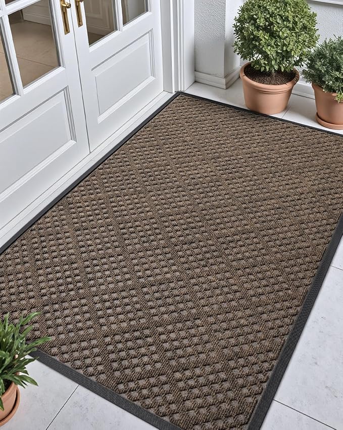 DEXI Front Door Mat Outside Entrance, 3x5 Heavy Duty Entry Doormat Dirt Trapper with Rubber Back, Non Slip Low Profile Floor Mats for Entryway Exterior Patio, Rhombic Brown