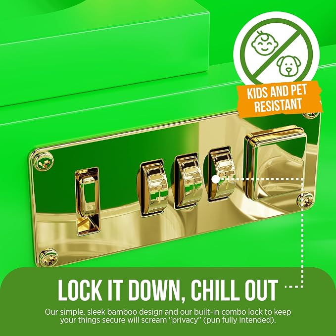 HASHSTASH The OG Storage Box - Large Bamboo Box with Combination Lock, Magnetic Lid, Organizer Tray, Airtight Tube and 3 Jars - Discreet Decorative Locking Wooden Box with Accessories (Neon Green)