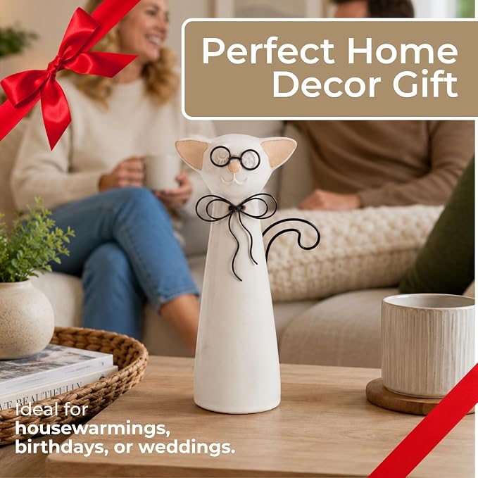 Decorative Ceramic Cat with Glasses Figurine for Home Decor - Ornaments Accent for Bathroom, Office Desk, and Shelf Display - Statue for Living Room and Coffee Table Styling - 8", White