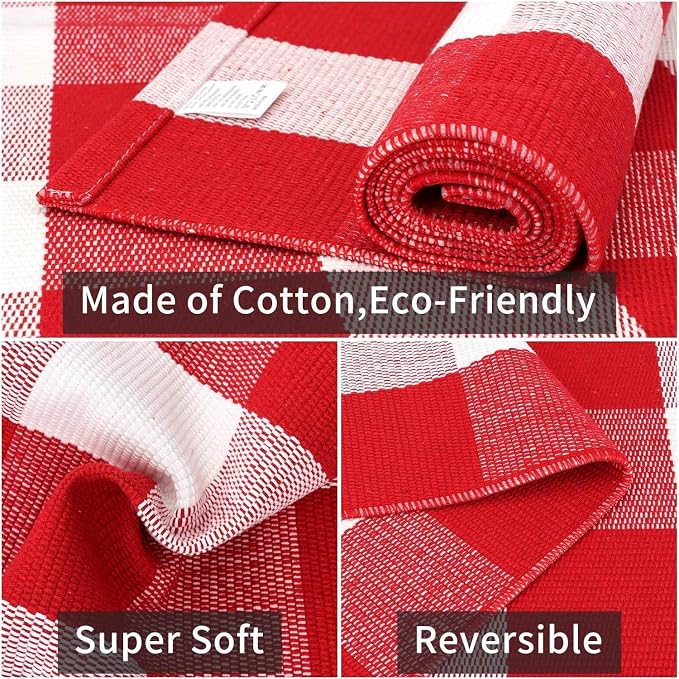 Buffalo Plaid Area Rug, Checkered Rug 27.5x43 Inches, Red and White Rug, Washable Cotton Mat for Front Porch, Entryway, Kitchen, Living Room, Home Decor