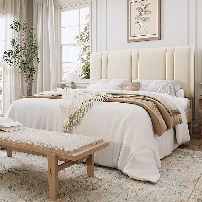 SHA CERLIN Full Size Velvet Bed Frame with Adjustable Headboard, Cream | Vertical Channel Tufted Design, Upholstered Platform Bed, Wood Slats Support/No Box Spring Needed/Easy Assembly
