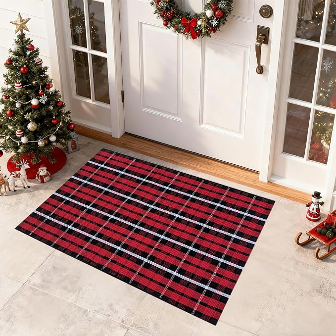 USTIDE Buffalo Plaid Rug 2'x3' Red & White Check Front Doormat Checkered Layering Floor Mat for Hello/Welcome Hand Woven Cotton Rug for Front Door Porch Kitchen