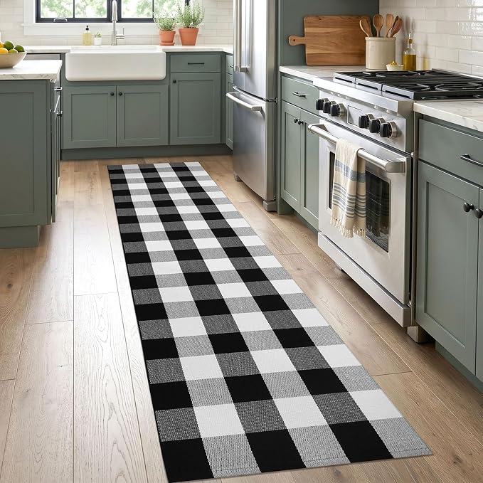 KOZYFLY Buffalo Plaid Rugs 2x8 Ft Runner Rug for Hallway Washable Woven Cotton Kitchen Runner Rug for Entryway Bedroom Living Room Farmhouse Checkered Carpet Runners