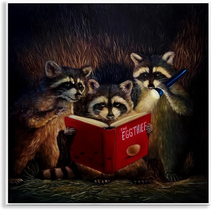 Fun Raccoon Trio Reading Book, 12 x 12 Inch Mounted Print on Wall Plaque | Stupell Industries · By Lucia Heffernan · Ready to hang · Whimsical gift for animal lovers · Made in USA