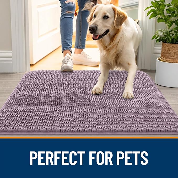 OLANLY Dog Door Mat for Muddy Paws 70x35, Absorbs Moisture and Dirt, Absorbent Non-Slip Washable Doormat, Quick Dry Chenille Mud Mat for Dogs, Entry Indoor Entryway Carpet for Inside Floor, Deep Plum
