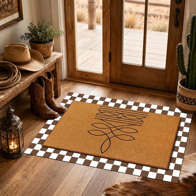 Tinideya 2 Pcs Western Door Mat Cowboy Cowgirl Welcome Non Slip Coir Mats Floor Layering Gift Boot Stitch Doormats Seasonal for Front Porch Entryway Decor