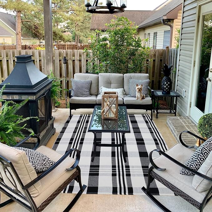 Fall Décor Plaid Rug, 4' x 6' Black&White Check Indoor/Outdoor Area Rug, Layering Rug for Hello/Welcome Door Mat, Machine Washable Cotton Woven Rugs for Farmhouse Front Porch, Entryway