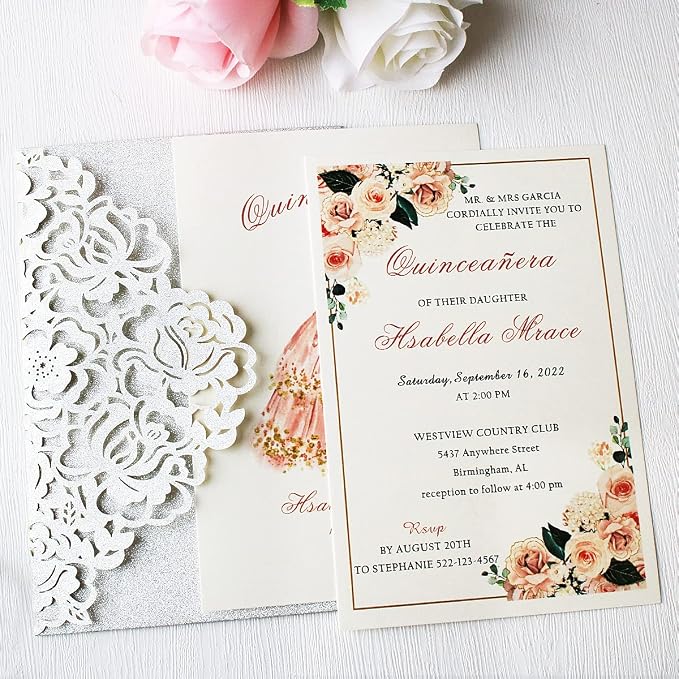 50PCS Customized Silver Laser Cut Quinceanera Invitation kit 5x7.3 Inch Hollow Rose Floral Quinceanera Invitation Cards with Envelopes for Quinceañera Birthday Invite