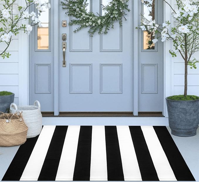 Washable Proch Rug Soft Entryway Rug 2.3'X3.6', Cotton Woven Bathroom Rugs Front Porch Decor Black and White Area Rug Outdoor Rug