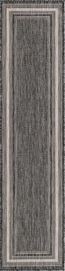 Unique Loom Outdoor Border Collection Area Rug - Soft Border (2' x 8' Runner, Black/ Ivory)