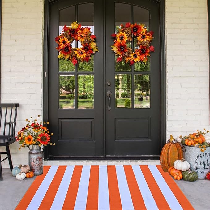 CAINANEL Fall Outdoor Rug Orange and White Striepd Rug 3' x 5' Front Door Mat Halloween Thanksgiving Fall Autumn Home Decor, Layerd Welcome Doormat for Front Porch Decor, Front Door, Farmhouse Decor