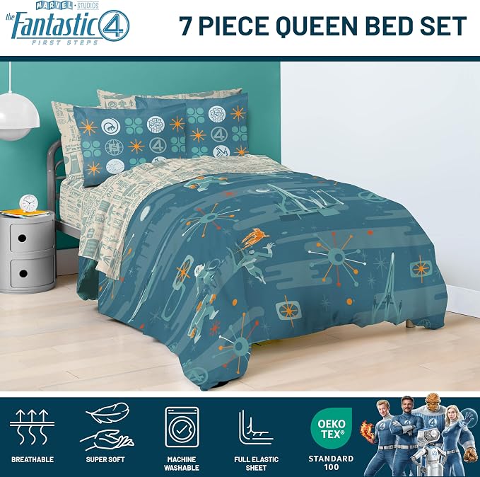 Marvel Fantastic Four Queen Comforter Set 7 Piece Superhero Bedding, Blue | Bed in a Bag, Comforter Sheets Shams Pillowcases, Official Product, Soft Microfiber, Machine Washable, Kids Gift