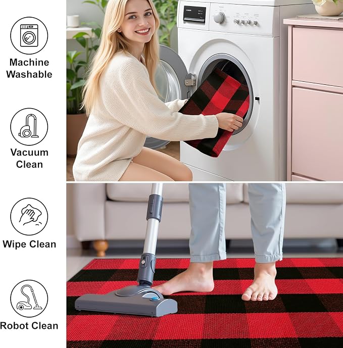 OLANLY Buffalo Plaid Rug 2' x 3' (24" x 36") – Red and Black Cotton Checkered Doormat, Washable Indoor Outdoor Rug for Layered Front Porch, Kitchen, Entryway Decor