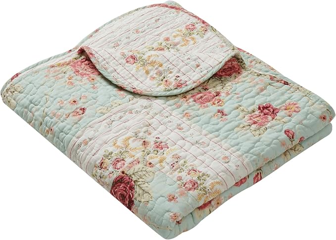 Greenland Home Fashions Antique Rose - Classic Traditional Floral - 100% Cotton Quilted Throw Blanket, 50 x 60 inches, Blue