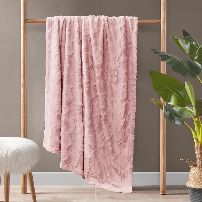 Madison Park Zuri Faux Fur Reversible Throw Blanket, 50 x 60 in, Blush | Oversized Soft Plush, Luxury, Animal Stripes, Mink Reverse, Modern, All Season, for Bed Sofa Couch, OEKO-TEX Certified