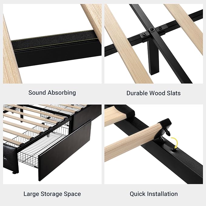Allewie Upholstered Queen Size Platform Bed Frame with 4 Storage Drawers and Headboard, Diamond Stitched Button Tufted, Mattress Foundation with Wooden Slats Support, No Box Spring Needed, Black Brown
