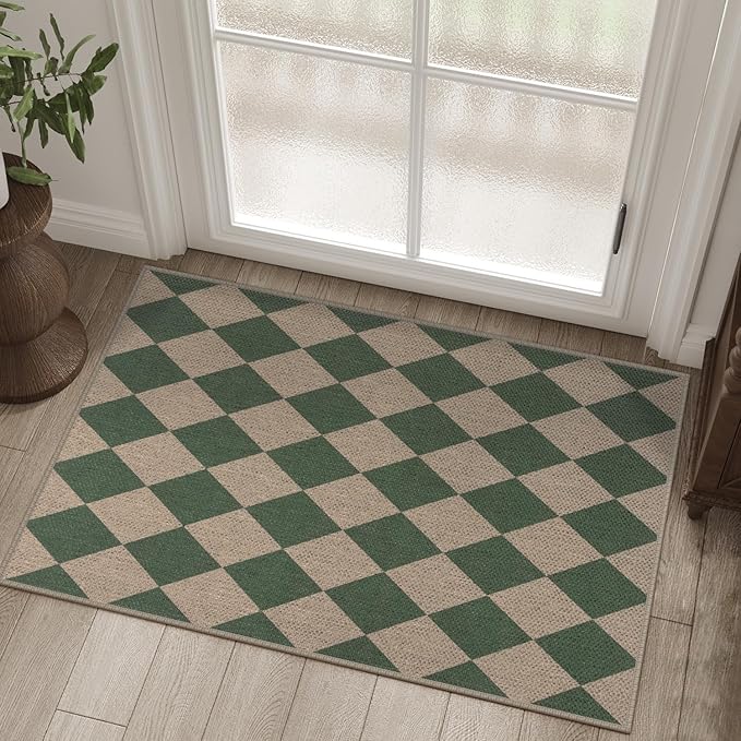 Rugalia Easy Jute Checkered Entryway Rug, 2x3 Green Modern Indoor Outdoor Doormat, Washable Non-Slip Neutral Small Kitchen Rug Farmhouse Diamond Throw Rugs for Entrance Bedroom Bathroom