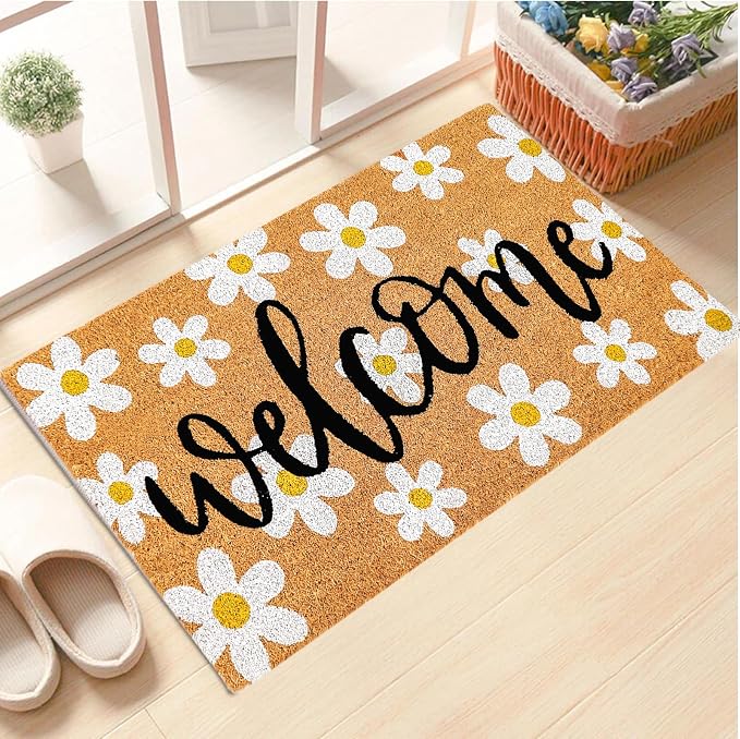 JarThenaAMCS Spring Flower Welcome Doormat Daisy Natural Coir Door Mat Non-Slip Floral Entrance Door Rugs for Indoor Outdoor Home Bathroom Decor, 16.5 x 29 Inch