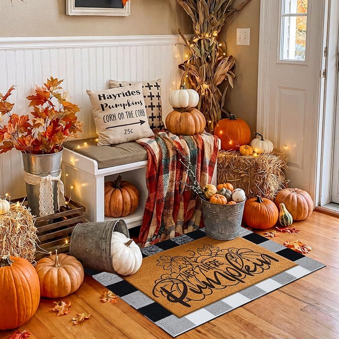 Moucuny 2 Pcs Fall Coir Welcome Doormat Outdoor 16'' x 28'' Hey There Pumpkin Coir Welcome Mat Layered 24'' x 35'' Black and White Plaid Rug Set for Fall Autumn Front Porch Entryway Entrance Decor