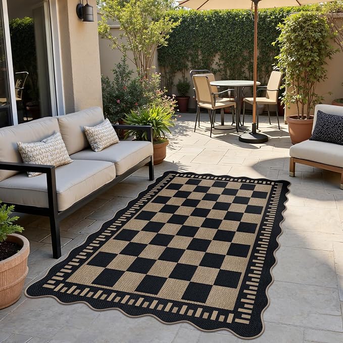 Checkered Easy Jute 4x6 Outdoor Patio Rug, Washable Indoor Outdoor Black Kitchen Rugs Farmhouse Neutral Non Slip Area Rug for Living Room Backyard Bedroom