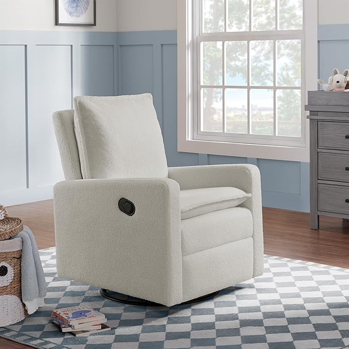 Oxford Baby Uptown Upholstered Glider Recliner Rocking Chair 360° Swivel for Nursery and Living Room - Boucle White, Green Guard Gold Certified