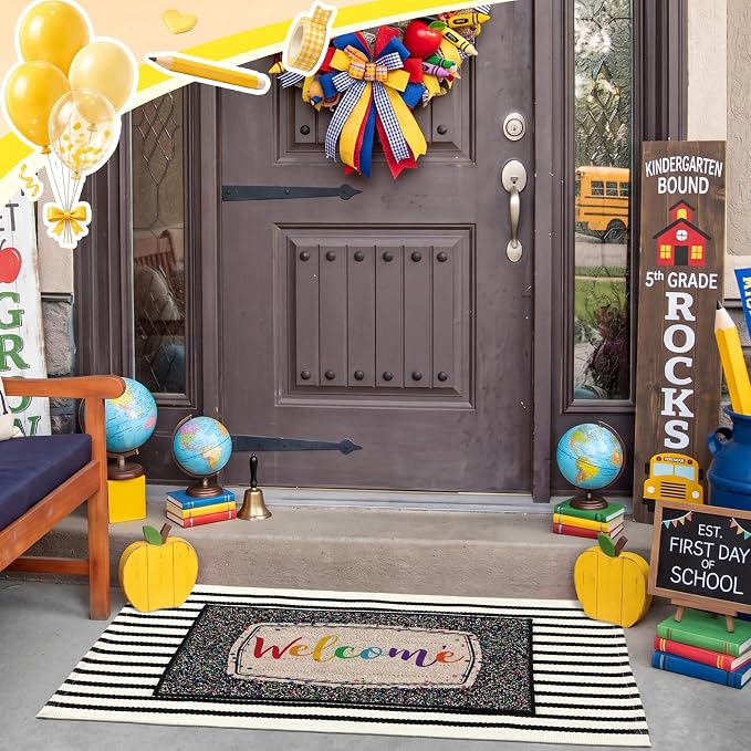 Moucuny 2 Pcs Classroom Doormats Set, Composition Notebook Crystal Velvet Mat Non-Slip Teacher Doormat, Black and White Rug Educational Area Decor for Kindergarten Primary School
