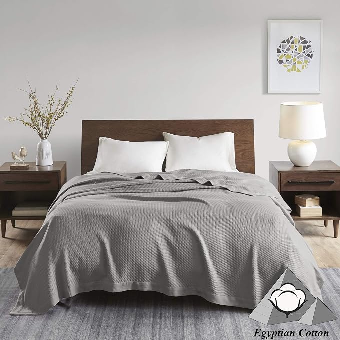 Madison Park 100% Egyptian Cotton Summer Blanket Full Queen Size Grey | Cozy Soft Breathable Durable, Waffle Weave Woven Casual, Lightweight Knit All Season Throw for Bed Couch or Sofa, OEKO TEX