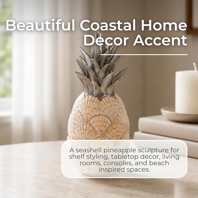 Sagebrook Home Unique 12" Seashell Pineapple Decorative Object, Polyresin Multi-Color Accent Piece for Home Elegance and Coastal Charm