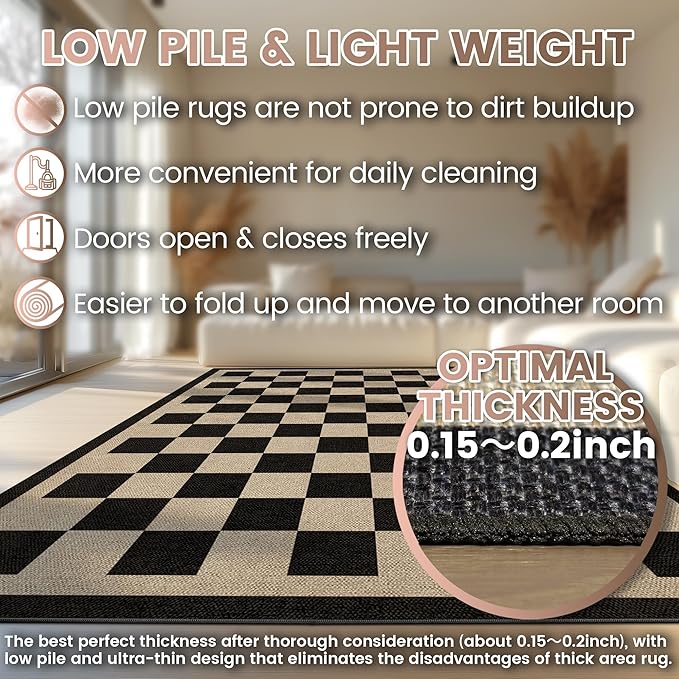 Washable Checkered Easy Jute Rug, 5x7 Black Checkerboard Boho Geometric Outdoor Indoor Patio Large Area Rugs, Low Pile Lightweight Non Slip Carpet Mat for Living Dining Room Bedroom Classroom Backyard