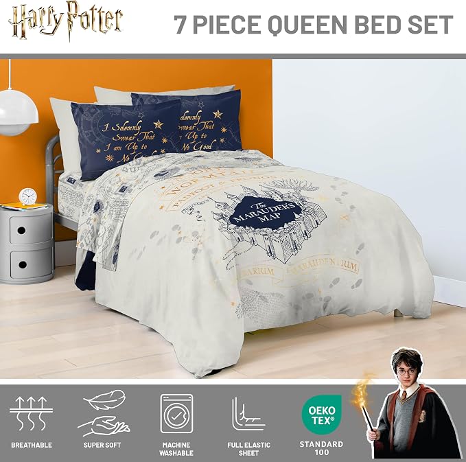 Harry Potter Queen Comforter Set 7 Piece Soft Fantasy Bedding, Beige | Hogwarts, Bed in a Bag, Comforter Sheets Shams Pillowcases, Official Product, Soft Microfiber, Machine Washable, Gift