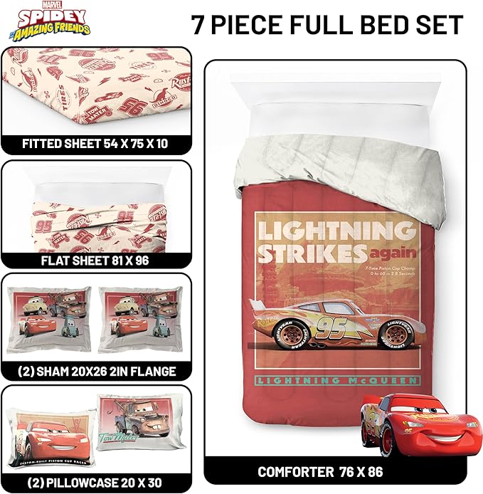 Jay Franco Kids Comforter Set Includes Sheets and Pillow Covers - Soft and Cozy Bed Set for Stylish Room Decor, Official Licensed Bedding, Red - Cars, 7 Piece Full