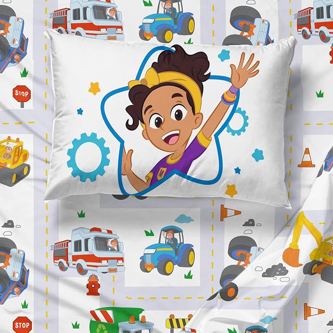 Jay Franco Kids Sheet Cartoon Set with Fitted, Flat Sheets & Pillow Cover - Ultra-Soft Bedding with Pillowcase for Room Decor, White - Blippi, 3 Piece Toddler