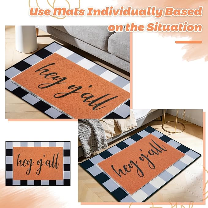 Hey Y’All Doormat, 2pcs Layered Front Door Mats with Coir Texture Welcome Doormat and Black White Striped Under Non Slip Mat, Farmhouse Porch Decor for Home Entry, Entryway Home Outdoor Decor