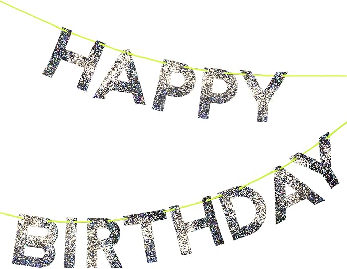 Meri Meri Silver Happy Birthday Banner (Pack of 1), 8' Birthday Party Banner with Excess Cord