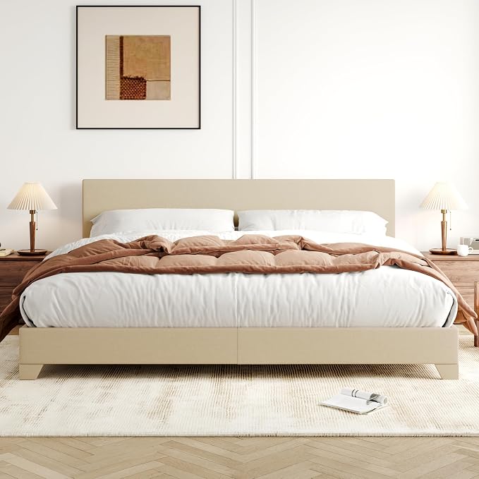 Allewie King Size Upholstered Bed Frame Adjustable Headboard, Beige | Platform Bed with Heavy Duty Mattress Foundation, Noise-Free, Easy Assembly, Wood Slat Support, No Box Spring Needed