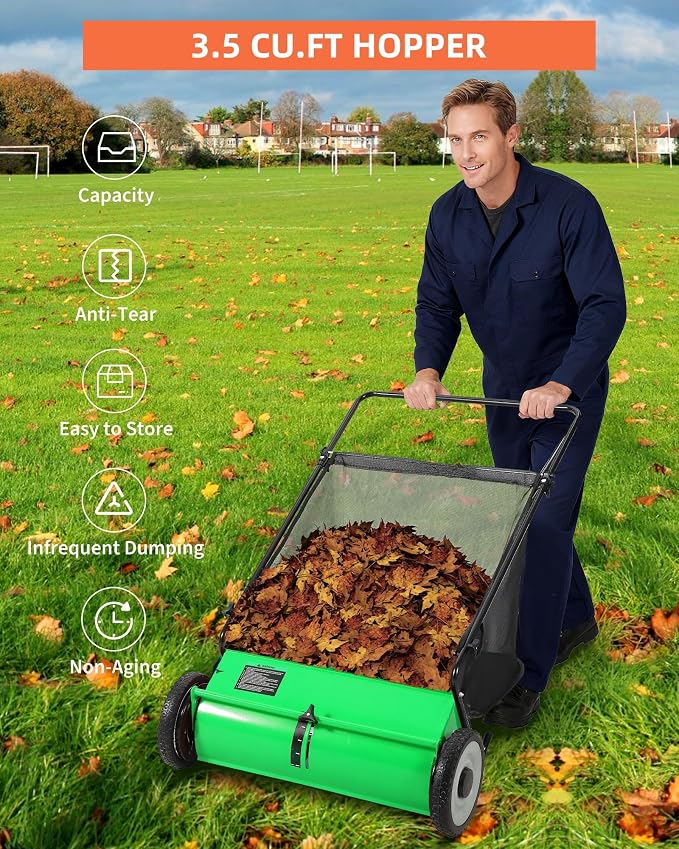 Push Lawn Sweeper for Leaves, 21" Width Heavy Duty Steel Frame Grass Catcher with 3.5 Cu. Ft. Hopper Bag & 4 Spinning Brushes for Yard and Garden Cleanup, Green