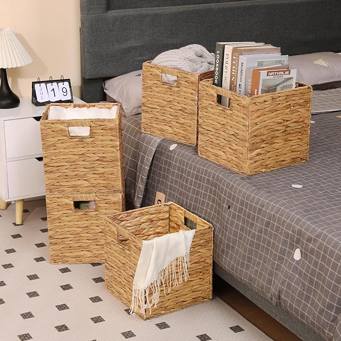 11x11in Wicker Storage Baskets Set of 5 Collapsible Water Hyacinth Basket | for Organizing,Handwoven Woven Bins for Bedroom,Living Room,Shelves - Natural