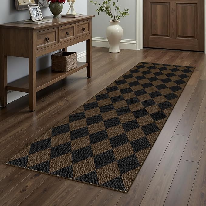 Rugalia Easy Jute Checkered Runner Rug, 2x6 Coffee Modern Washable Rugs Runner for Hallway Non-Slip Kitchen Runner Rug, Geometric Diamond Indoor Outdoor Carpet for Porch Laundry Entryway