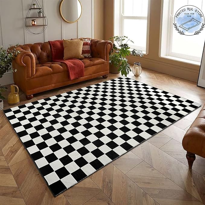 Seavish Checkered Rug, 5x8 Ft Black and White Checkerboard Outdoor Rug | Retro Lightweight Washable Area Rug, Rustic Floor Carpet Decor for Living Room Bedroom Dining Room Patio Porch