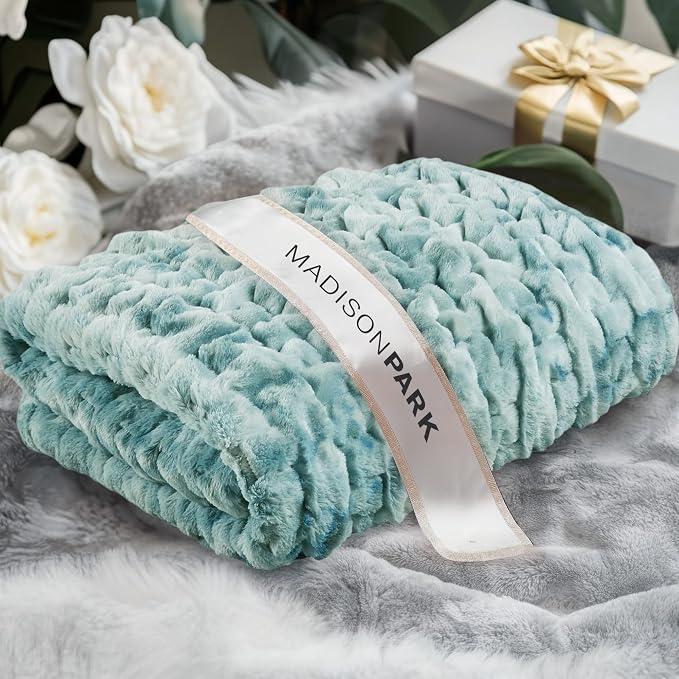 Madison Park Ruched Fur Throw Faux Fur Blanket, 50" x 60", Blue Tie Dye | Luxury, Premium, Soft Cozy Brushed Long Pile, All Season Plush Modern OEKO- TEX Certification Warm For Bed, Couch or Sofa
