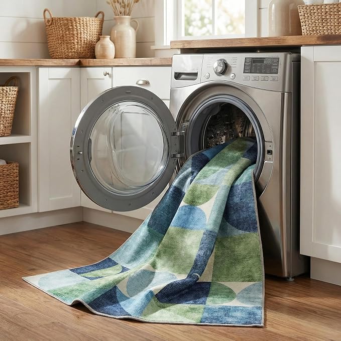 ReaLife Rugs Machine Washable Indoor Outdoor - Mat Rug Foldable Printed Thin Lightweight Cushioned Fade Resistant Patio Deck Dock Porch Pool Balcony Camping - Naya - Blue Green 4' x 6'