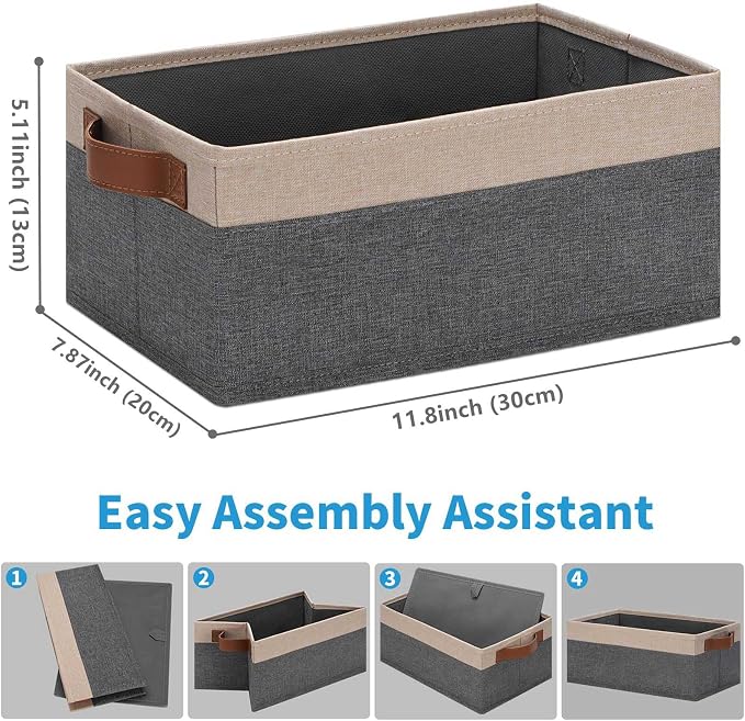 GhvyenntteS Small Fabric Storage Bins 6 Pack, 11.8" x 7.87" x 5.11" Storage Basket with Leather Handles, Closet Storage Bins for Shelves, Storage Baskets for Shelves, DVD Storage (Grey/Beige Yellow)